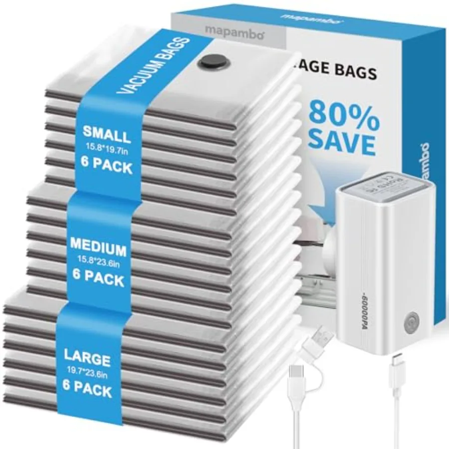 

Vacuum Storage Bags with -60000Pa USB Pump 18 Pack for Clothing Travel in 3 Sizes Travel Vacuum Bags with Pump Saving up to 80