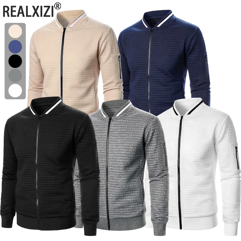 

Весенне-осенняя мужская куртка с длинными рукавами, повседневная куртка на молнии с воротником-стойкой, полосатая клетчатая толстовка, пальто, мужская облегающая куртка