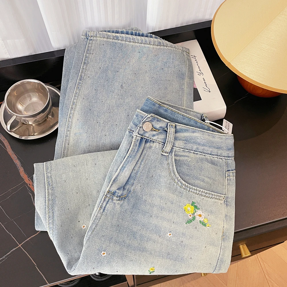 ZJYT High Street Fashion Women Embroidery Jeans Spring Summer High Waist Wide Leg Long Denim Pants Casual Trousers Female Blue