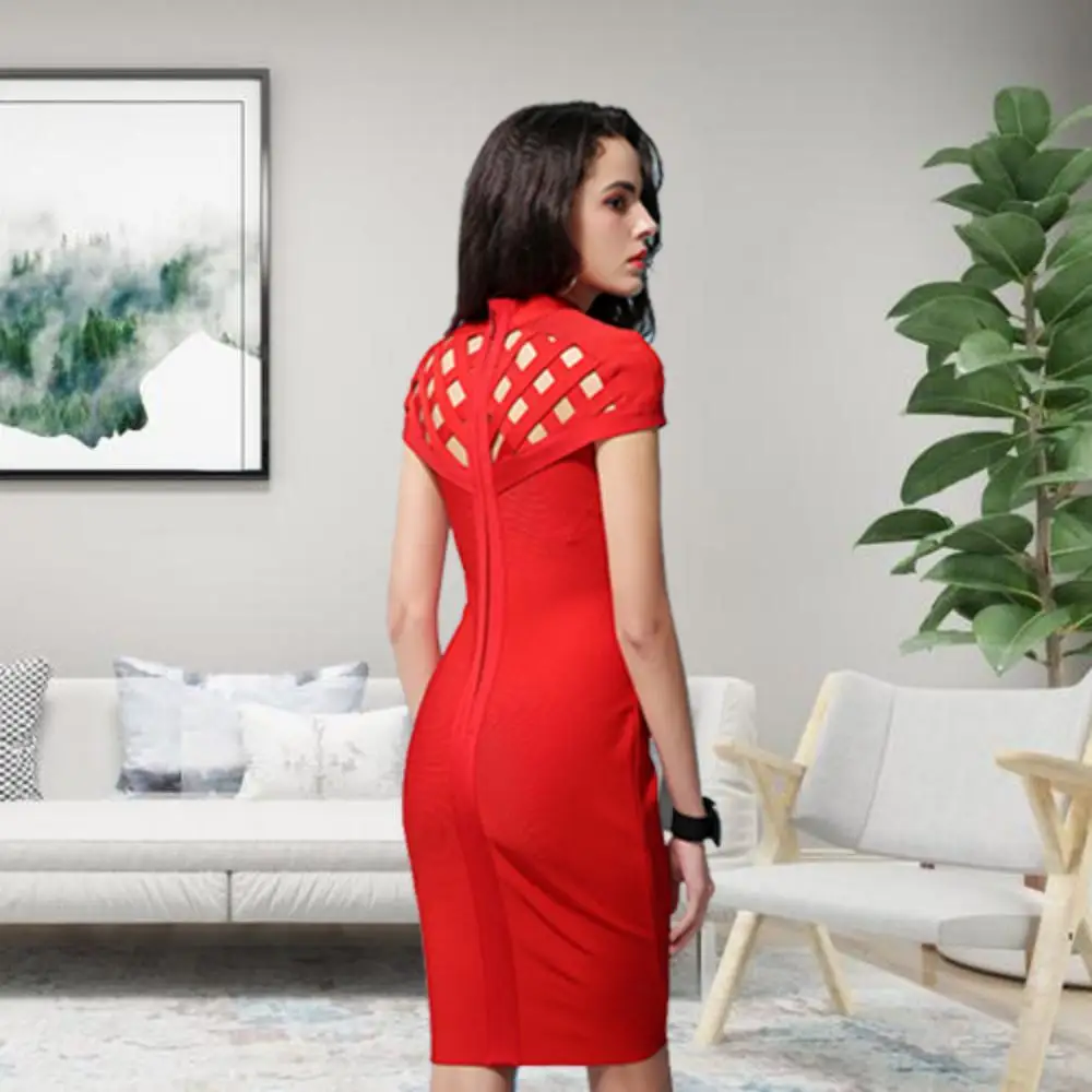 Hqbory 2023 feminino sexy meados de comprimento bandage vestido rayon manga curta alta pescoço oco para fora festa clube vestido bodycon nova moda