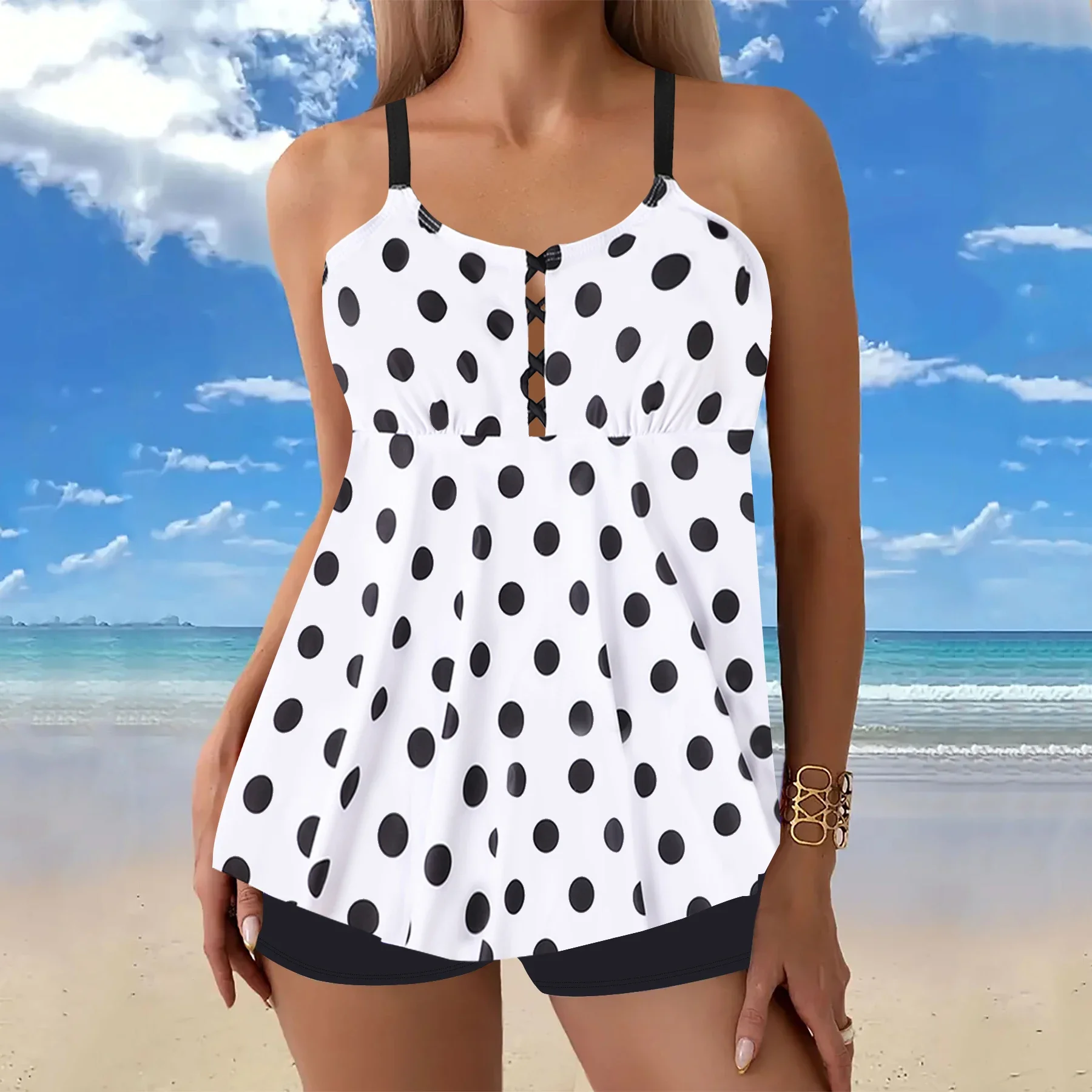 New Summer Women's Holiday Resort Style Swimwear Fashion Design White Polka Dot Printed Halter Swimsuit Two Piece Set S-6XL