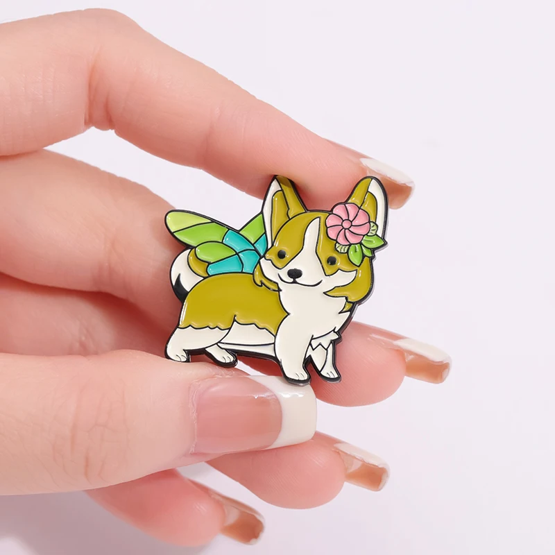 Cartoon Animal Metal Badge Clothing Accessories Dog corgi Wings Decoration Collar Pin Brooch Wholesale