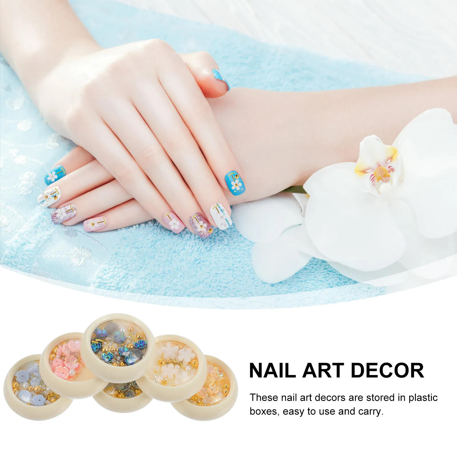 

6 Boxes 3D Nail Art Jewels Pearls Flowers Resin Charms for Nail Guitar Tablet Book Art Decoration Supplies