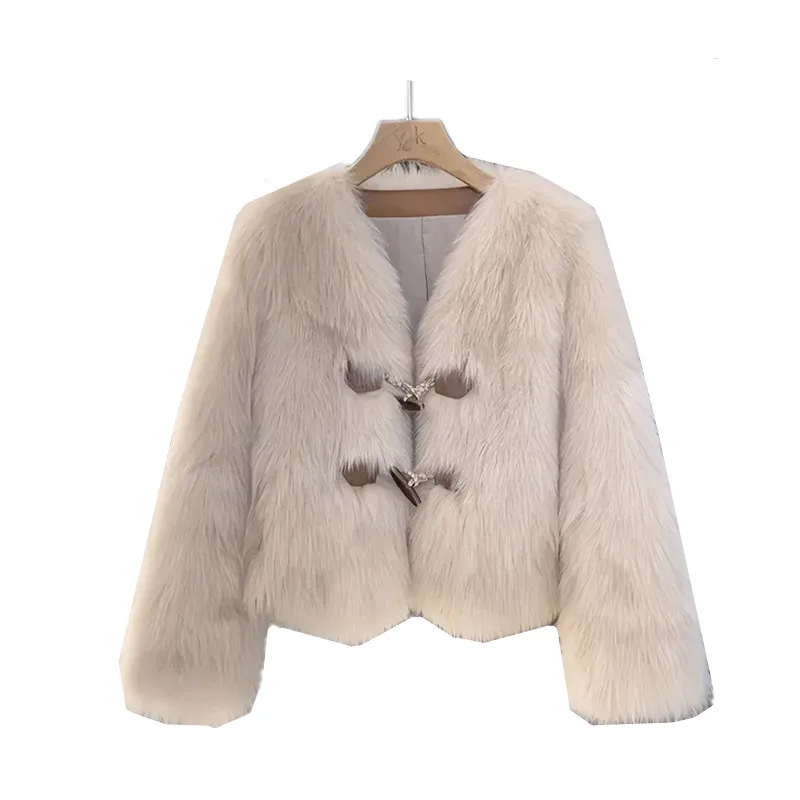 Autumn Winter 2026 New V-Neck Horn Buckle Imitation Fox fur Coat Women Fashion Short Warm Fur Jacket Female Loose Outwear W1148