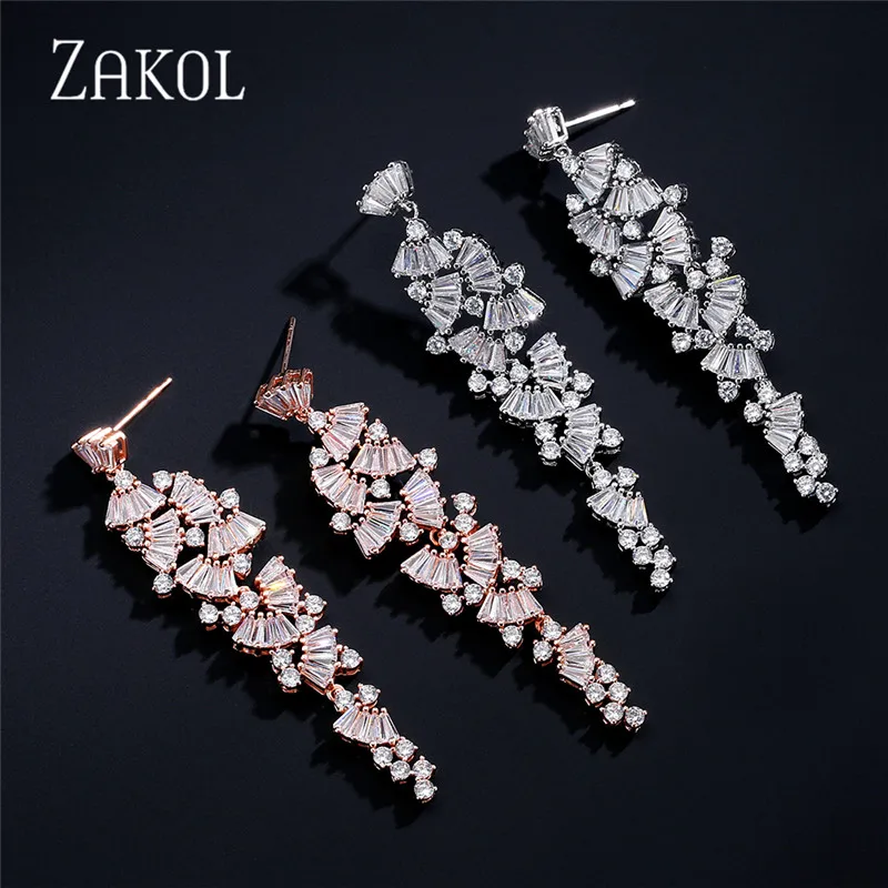 ZAKOL Luxury Gorgeous AAA Zirconia Crystal Sector Long Dangle Drop Earrings for Women Bridal Wedding Jewelry Gift