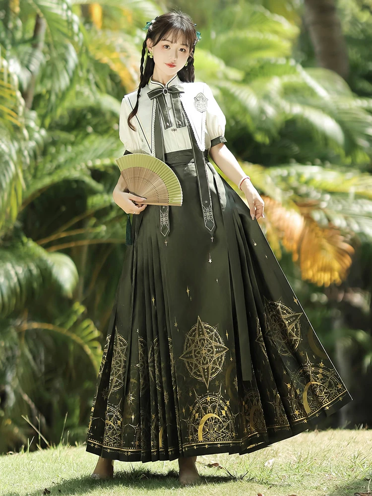 Set Lolita vintage elegante da donna in stile cinese originale con maniche a sbuffo, stile college, abito lungo versatile, set da due pezzi