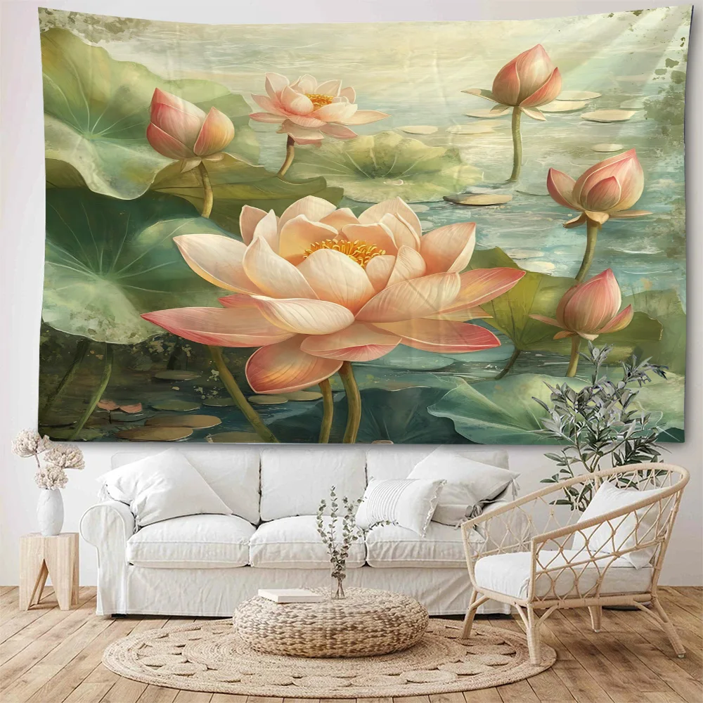 Chinese style green and beautiful lotus leaf decorative tapestry, home bedroom living room decorative tapestry