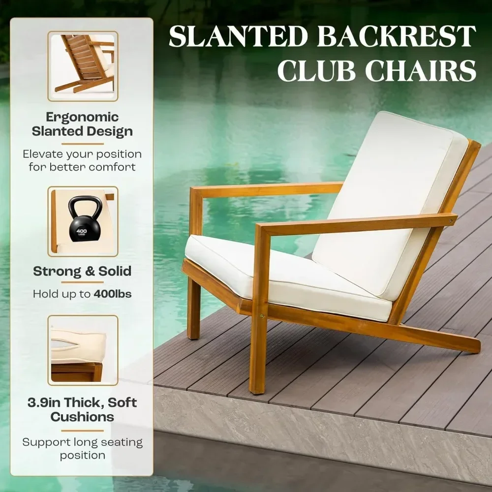 Outdoor club chairs, set of 2 with wooden side tables, for fireproof porch, large reclining backrest design