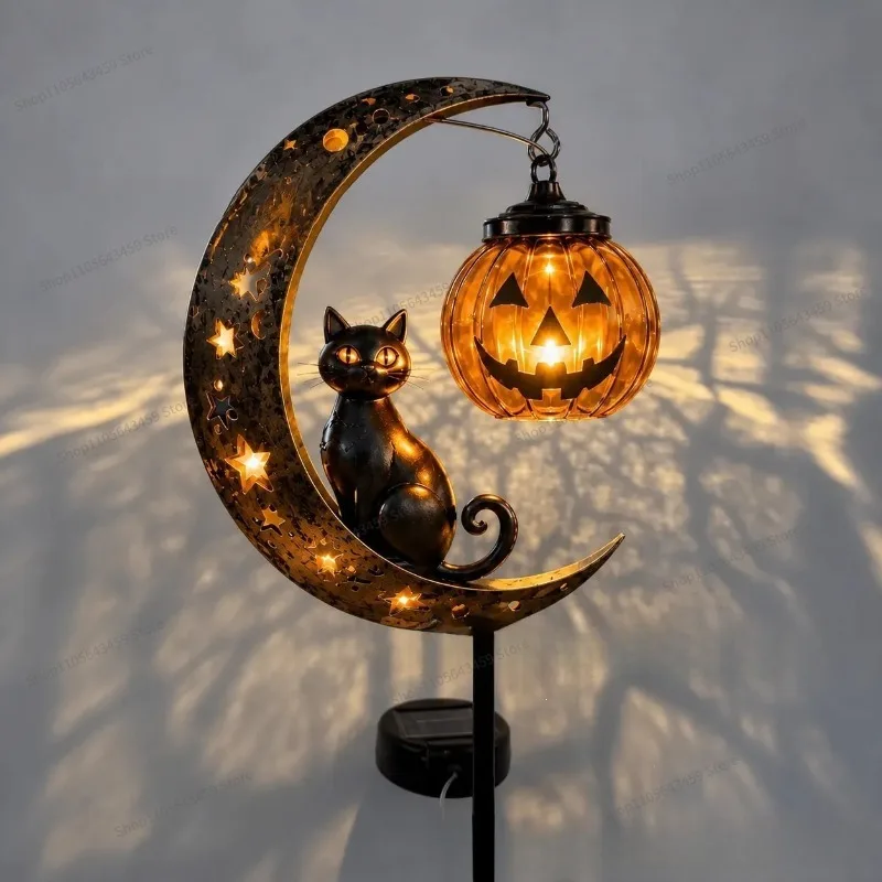 For Solar Black Cat & Pumpkin Moon Stake Light