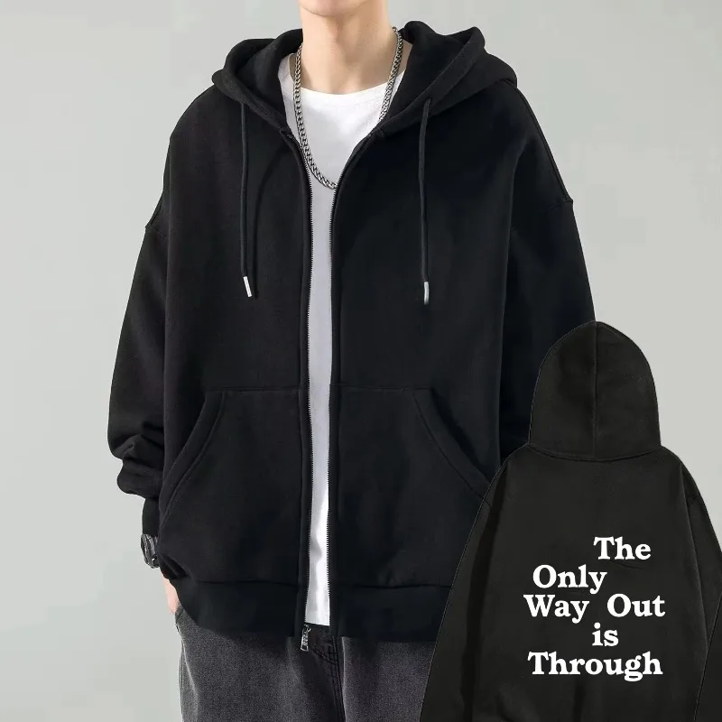 

Men's Hooded Jacket Black The Only Way Out is Through Printed Zip-Up Hoodie for Casual Streetwear Fashion Outdoor Wear