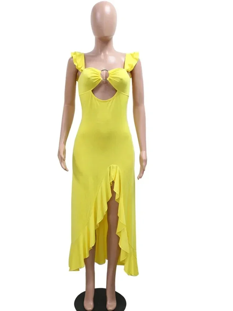 Robes longues élégantes découpées avec anneaux toriques, sans manches, à volants, robes de soirée, Sexy, Clubwear, nouvelle collection 2025