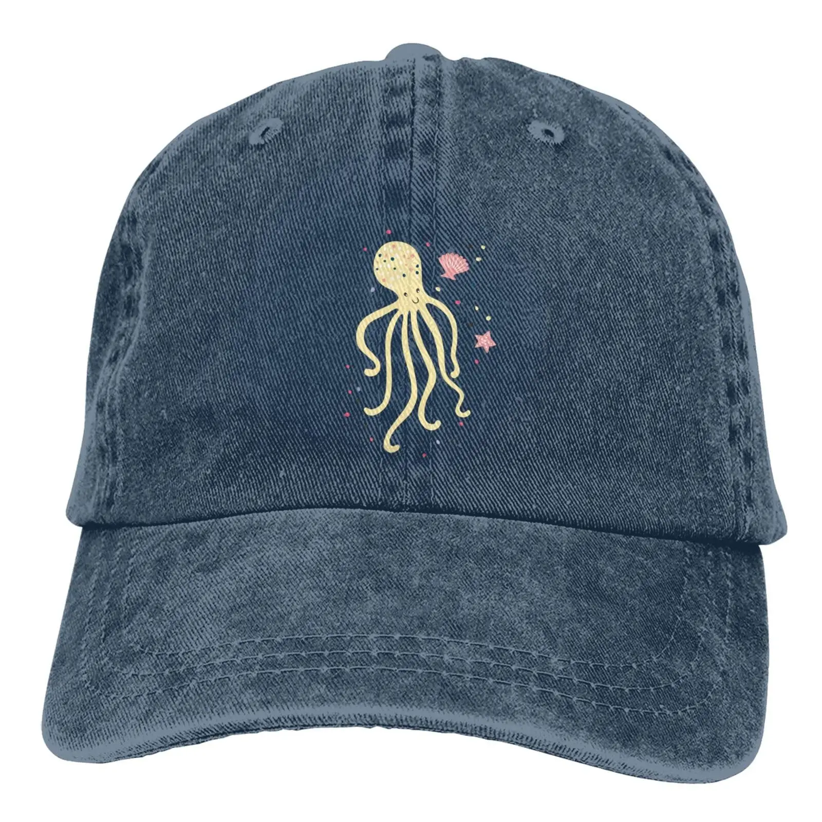 Cute Octopus Shells Starfish Gray Vintage Distressed Adjustable Washed Denim Cotton Low Profile Mens Dad Trucker Hat