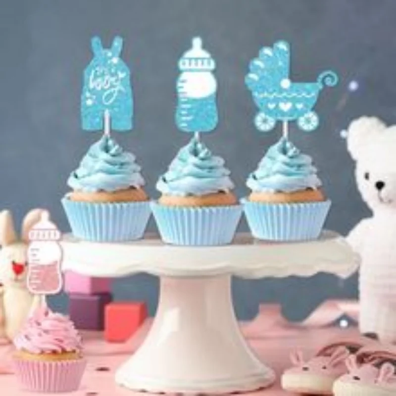 12 Uds. De banderas para tarta de cochecito de bebé, decoración para fiesta de cumpleaños de niño o niña con tema de Baby Shower, suministros de decoración para hornear magdalenas