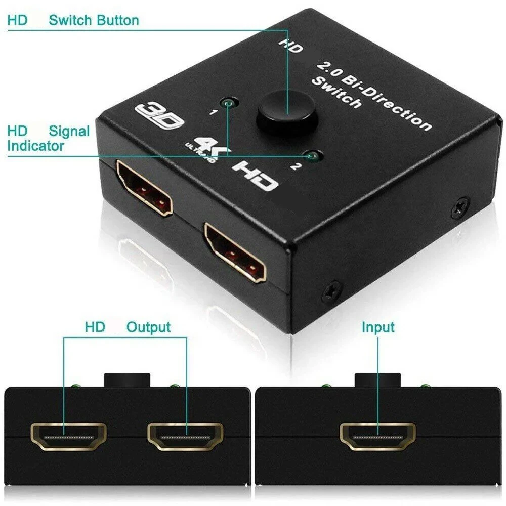 Kompatybilny z HDMI 2.0 2-portowy przełącznik 4K 2x1 1x2 KVM Dwukierunkowy przełącznik UHD 4Kx2K 3D Full HD 1080P 2 wejście 1 rozdzielacz wyjściowy