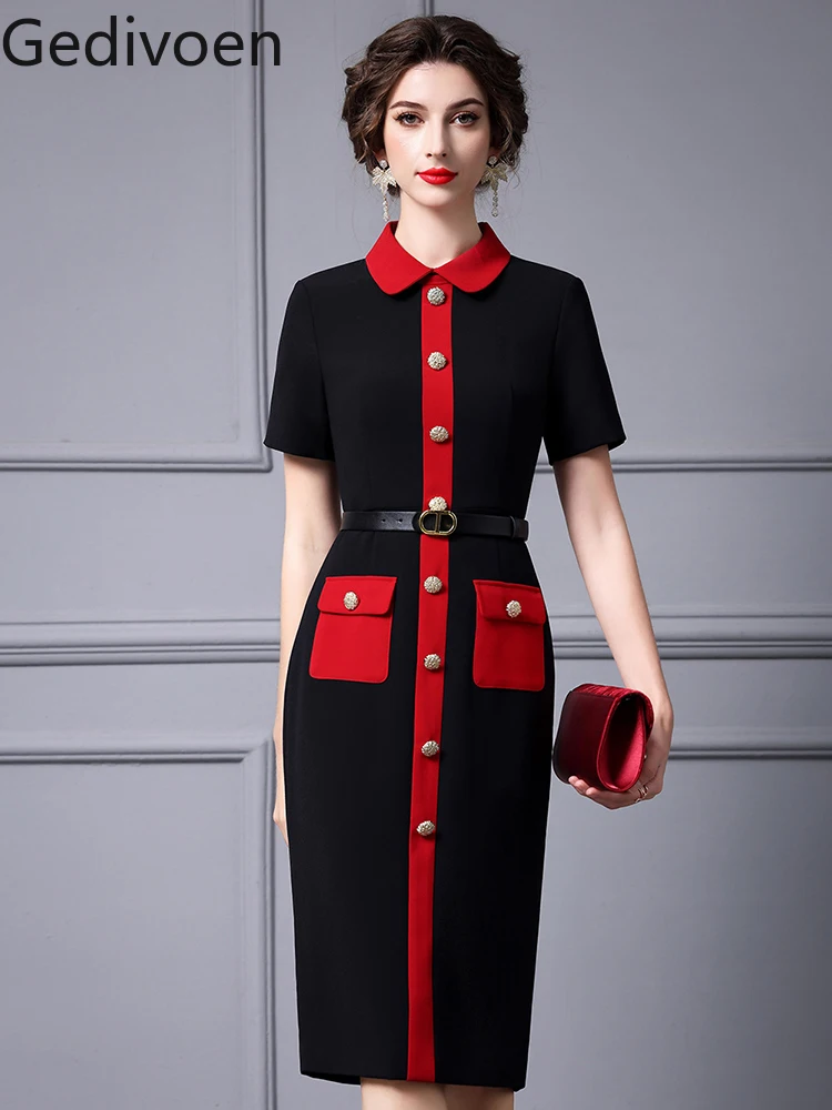 

Gedivoen Autumn Fashion Designer Office Lady Style Dress Peter Pan Collar Patchwork Button Black Buttocks Wrapped Dress