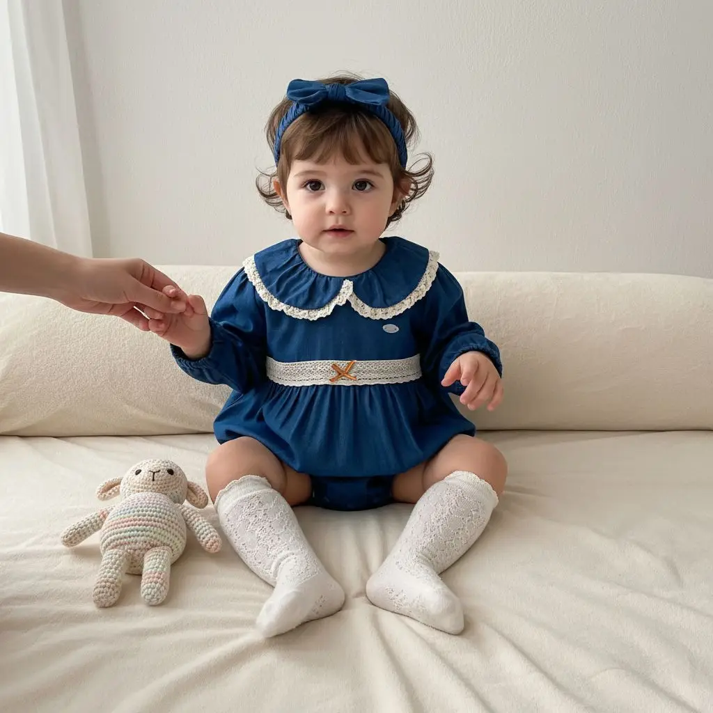 2026 Girls' Spring New Denim Bag Butt Ha Yi Fashionable Lace Edge Doll Collar Baby Jumpsuit Bow