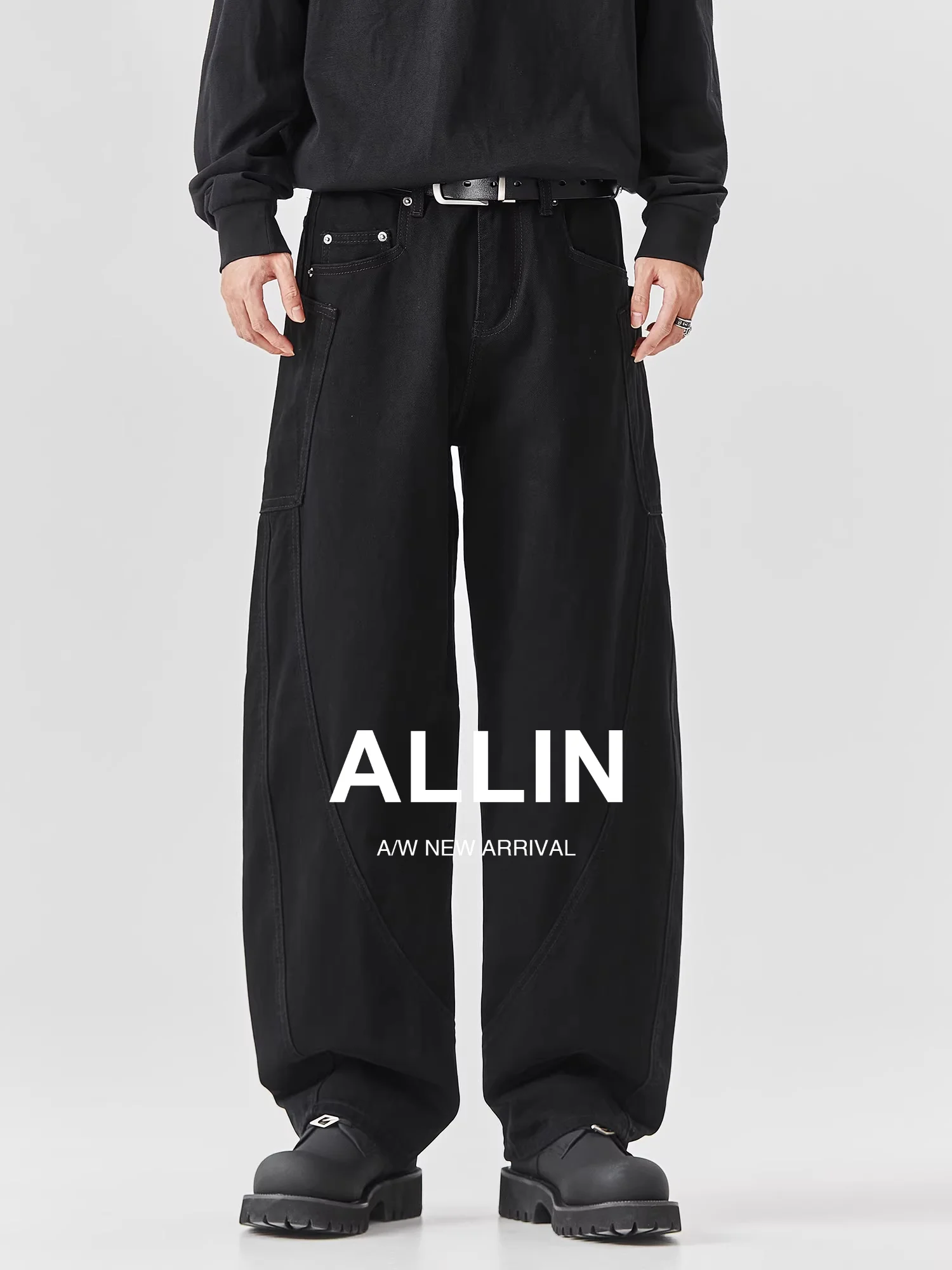 

Черные свободные прямые мужские джинсы в стиле High Street, повседневные брюки-карго Allin Brand из хлопка для молодежи, для ежедневных поездок на работу