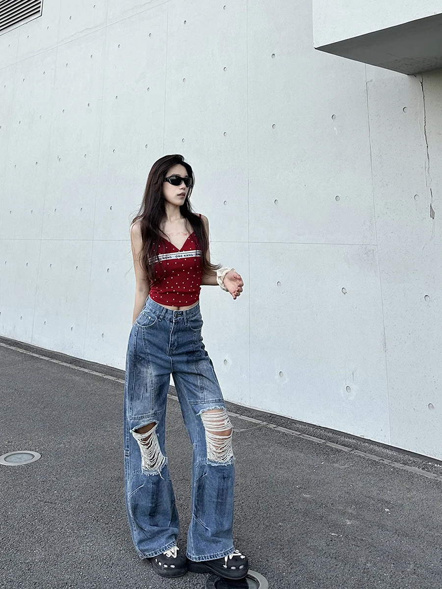 

Ripped Denim Jeans High Waist Wide Leg Pants Distred Weathered Look Patchwork Design Loose Fit Casual Summer Jeans
