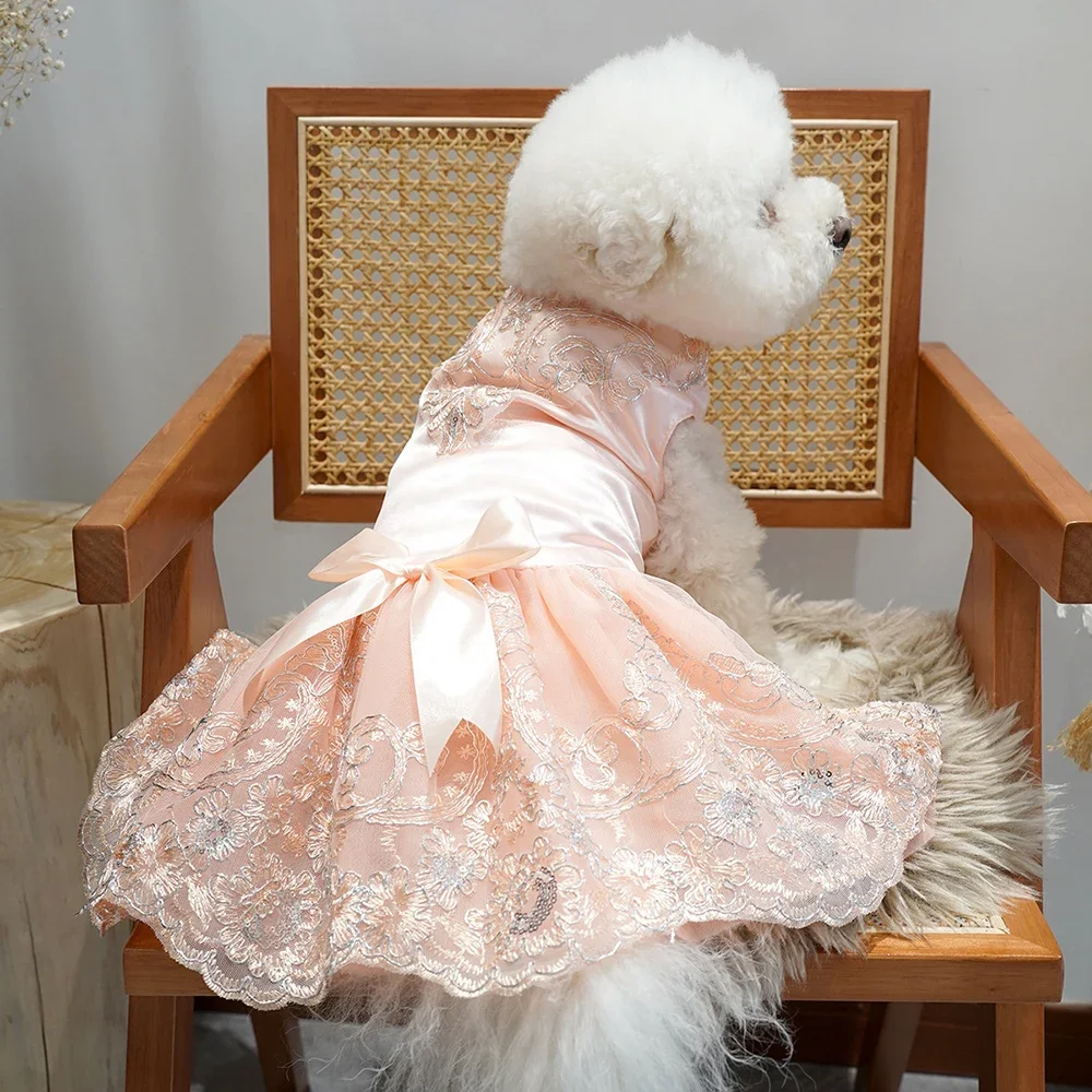 Champagne Dog Dresses for Small Dogs Girl with Bow Decor Luxury Cat Dog Wedding Dress with Multi-Layer Embroidered Flower