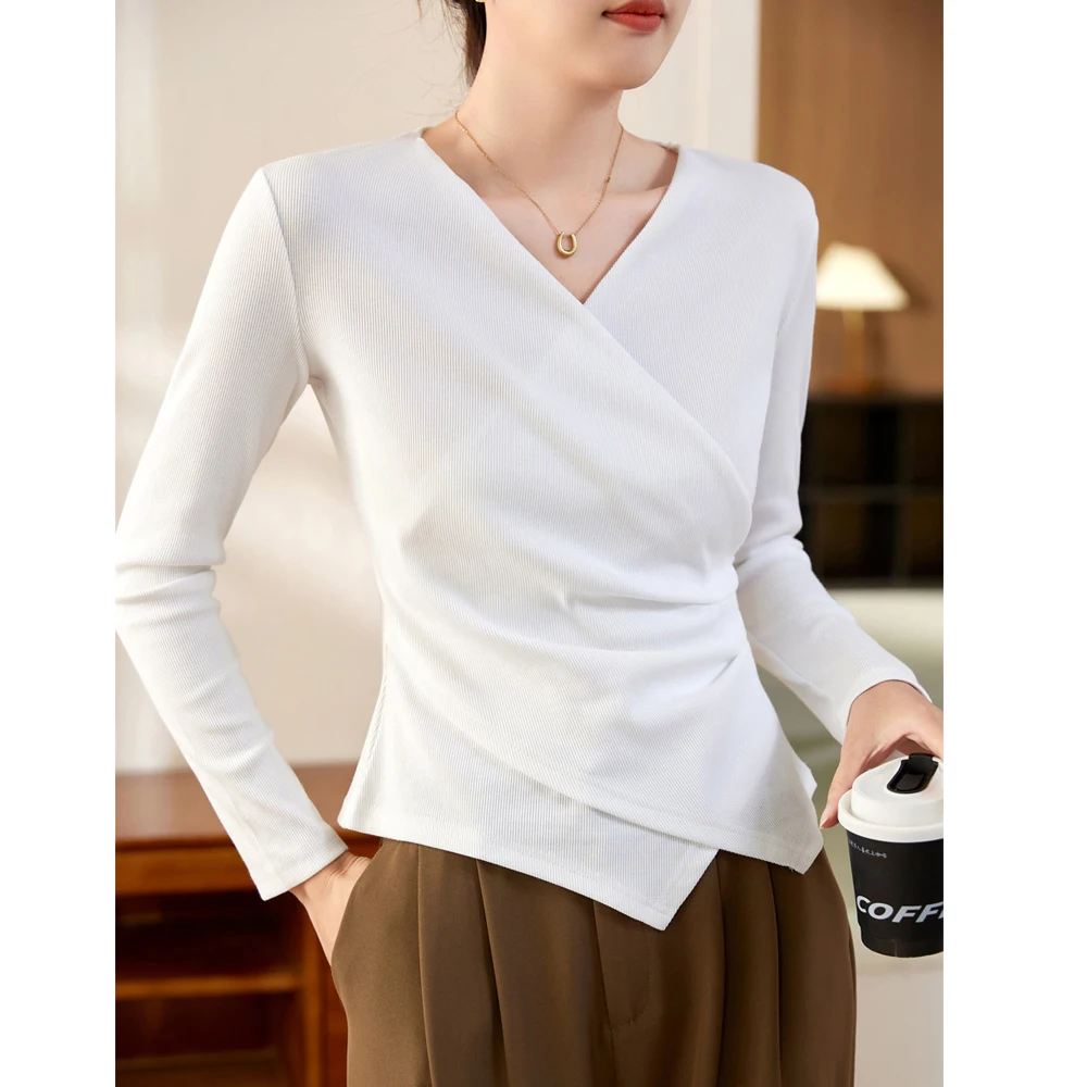 Europese stijl wijnrood T-shirt met lange mouwen voor dames herfst nieuwe katoenen mode plus size geplooide onregelmatige V-hals casual top