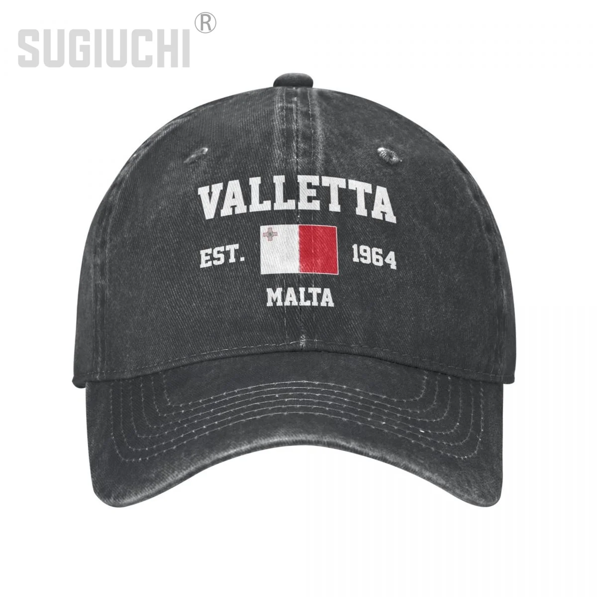 Flag of Malta EST.1964 Valletta Unisex Adult Charcoal Washed Denim Baseball Cap Men Vintage Cotton Dad Patriotic Trucker Hat