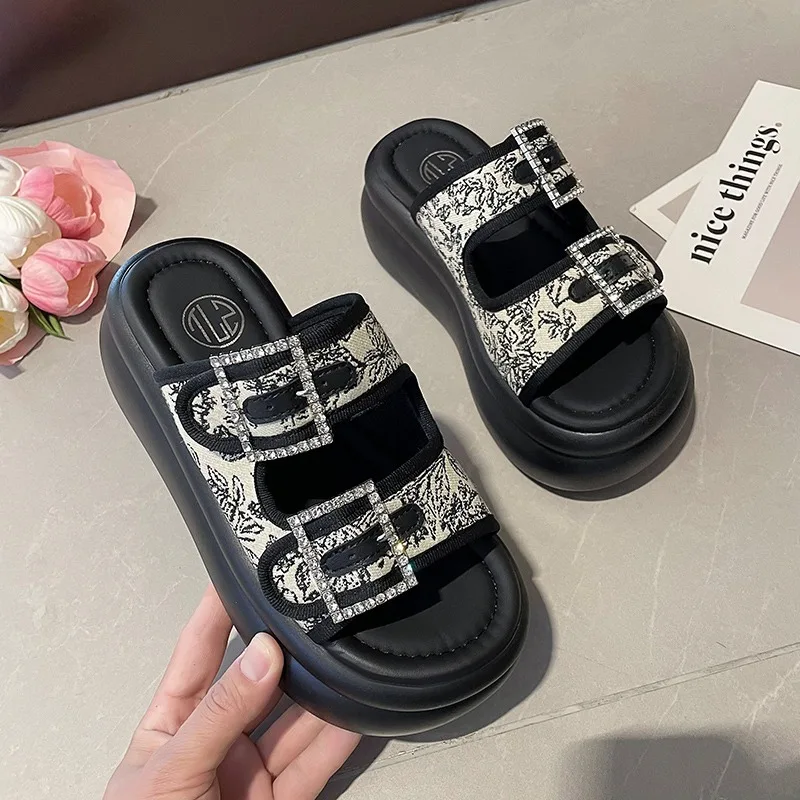 7.5CM Crystal buckle women slippers fluorescent leather belt platform sandals rhinestone summer shoes for woman flip flops 2024