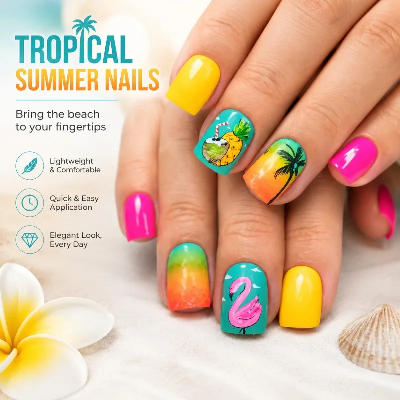 Summer Tropical Printed Press on Nails Ocean Style Short Square Fake Nails Romantic Elegant Minimalist Tips Stylish Manicure