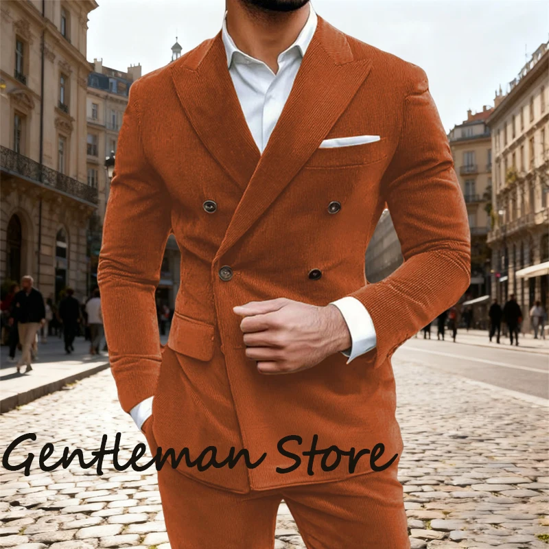 Fall 2-piece  Men's Suit Set Corduroy Double Breasted Suit Business Casual Tailored For Party Weddings Groom's Suit Jacket Pants