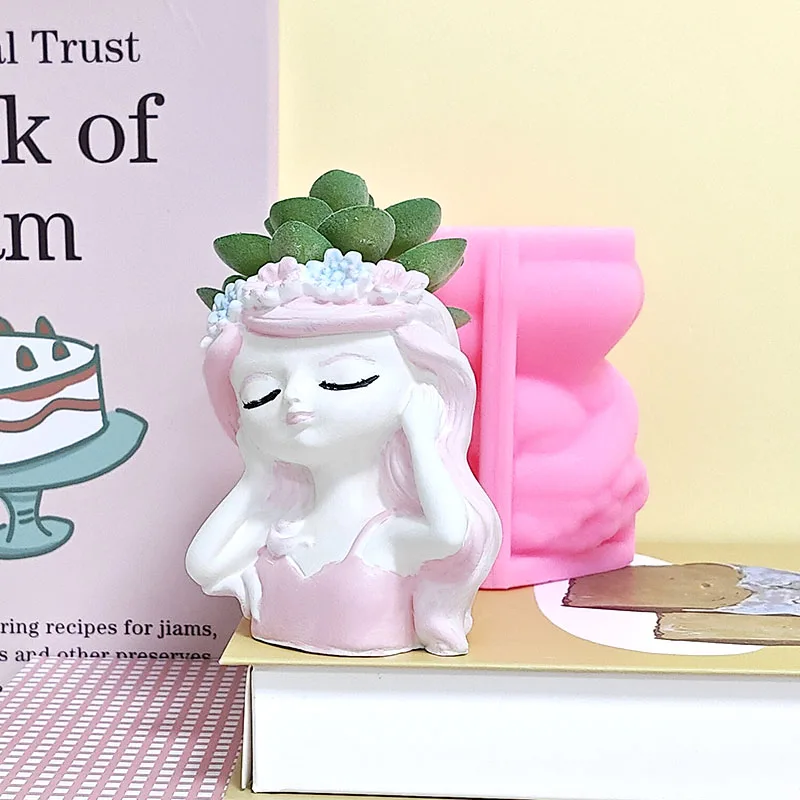 Flower Wreath Ear-Covering Girl Flower Pot Silicone Mold DIY Cement Plaster Succulent Plant Mold Closed-Eyed Long-Haired Girl Vase Handmade Casting Mold