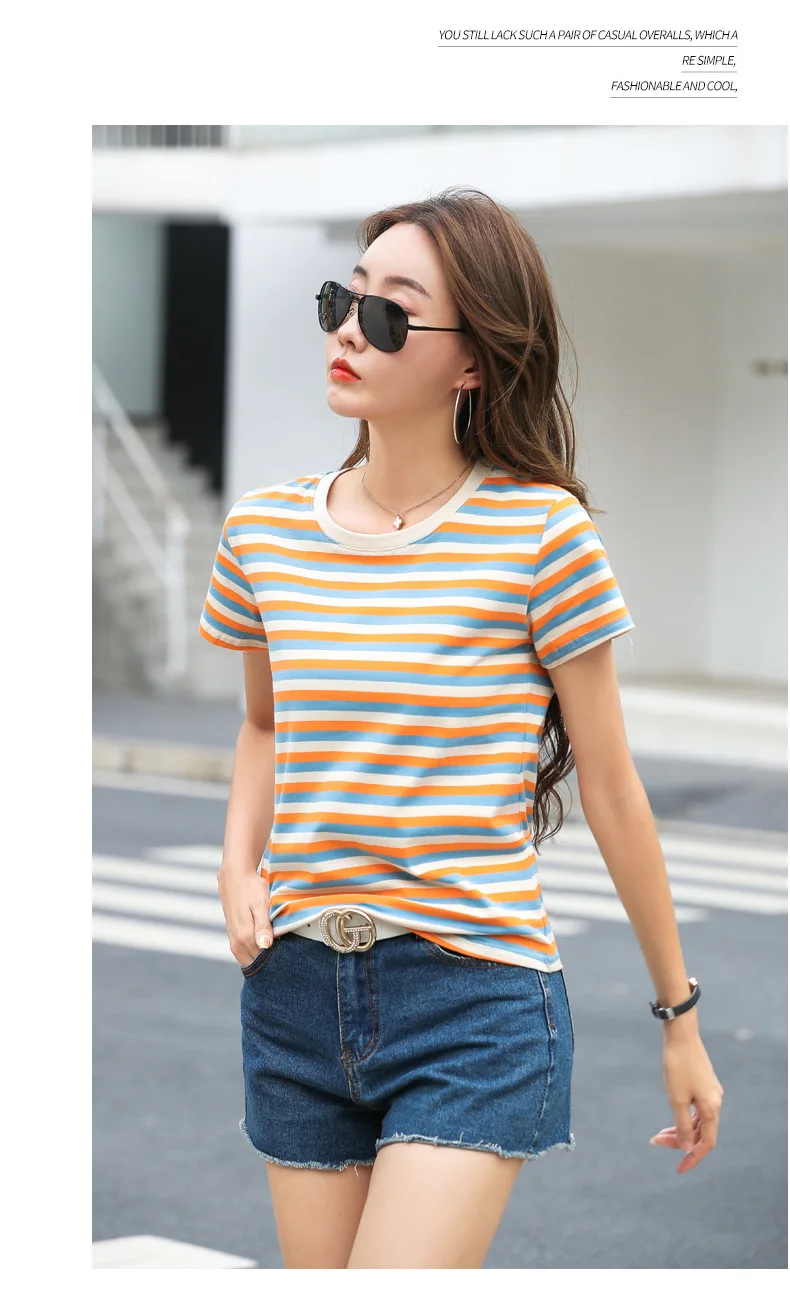 Damen Sommer T-Shirt mit Streifenmuster, kurze Ärmel, neu, schlankmachend, lockere Passform, halblange Ärmel, lässiges Basic-Oberteil – Detail 15