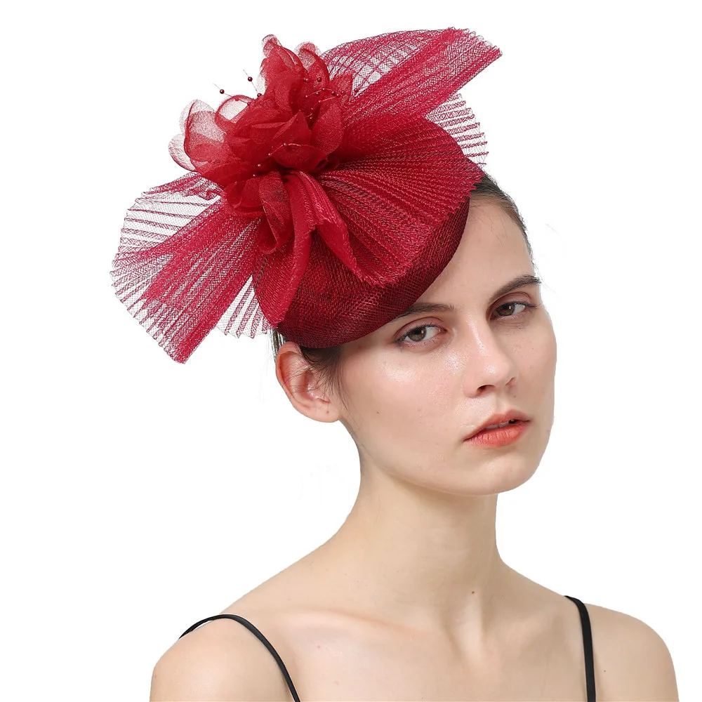 

Ladies Marron Sinamay Wedding Party Fascinator Hat Women Occaison Headpiece With Fancy Feather Flower High Quality Chapeau Caps