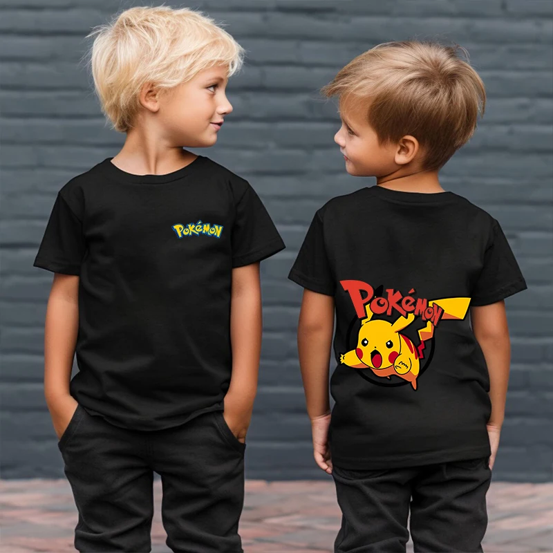 Pokemon print kids cotton T-shirt black short-sleeved casual top for boys and girls