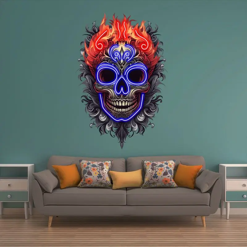 Blue Face Skull On Weird Fire Neon Sign, Creative Wall Hanging Neon Light, Whimsical Halloween Decor