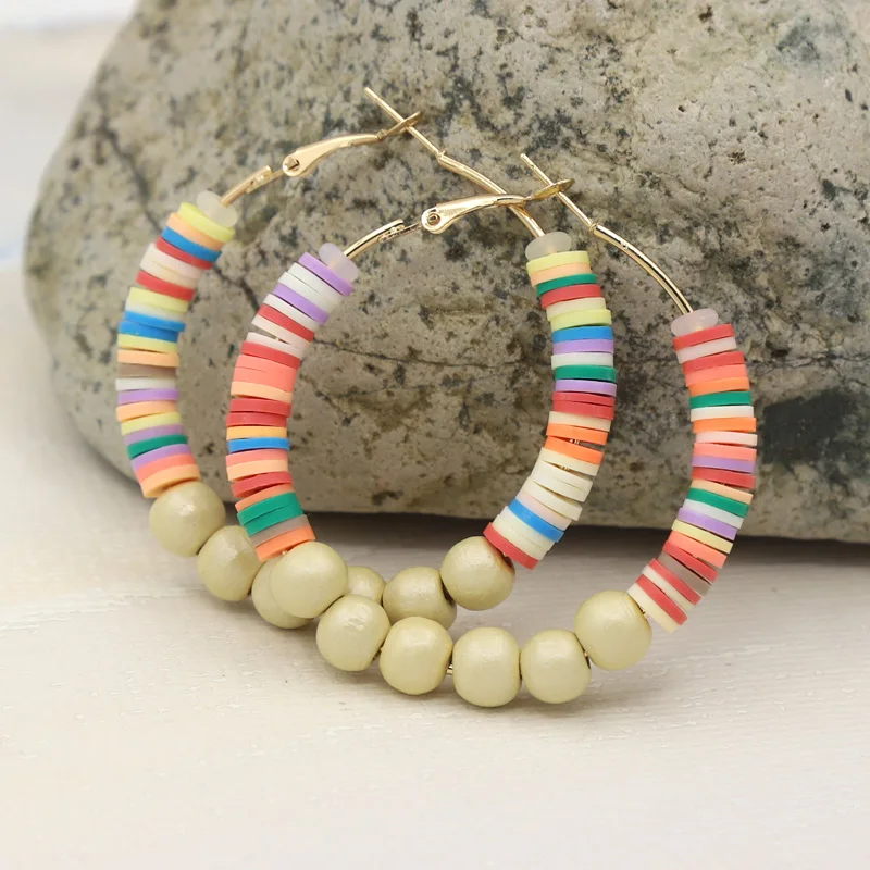 Women Jewelry Earrings Multicolor Polymer Clay Wood Beads Bohemian Female Hoop Earrings Casual Party Accessories Wholesale