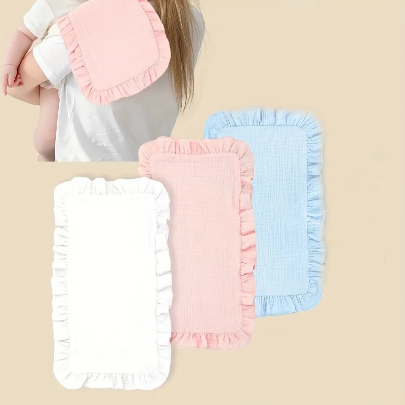 

1pc Ultra Soft Cotton Burp Cloths With Lace Trim Pastel Pink Blue For Infants Festive Baby Gift Smooth Texture Ruffle Design
