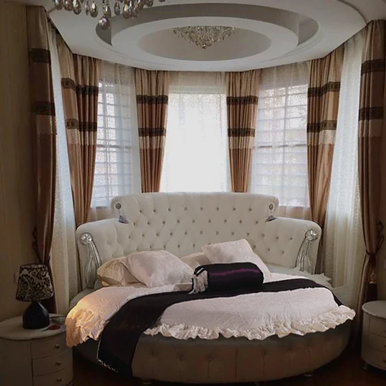 (1 سرير + 2 حامل ليلي + مرتبة)/مجموعة أثاث غرفة نوم منزلية بتصميم أوروبي مستدير ناعم