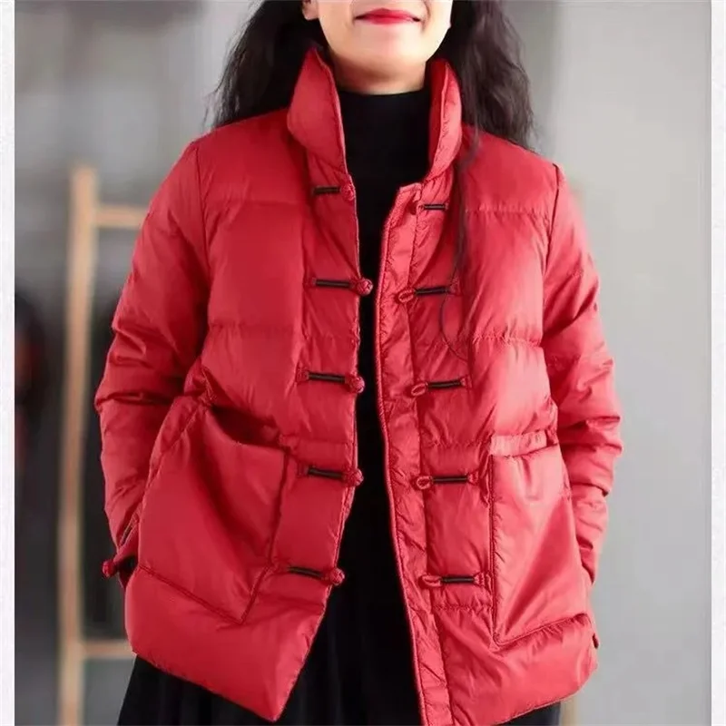 Down Cotton Jacket Women\'s Chinese Style Retro Button Vp Collar Lightweight CottonJacket Loose Cotton Jacket Ethnic Style Jacket