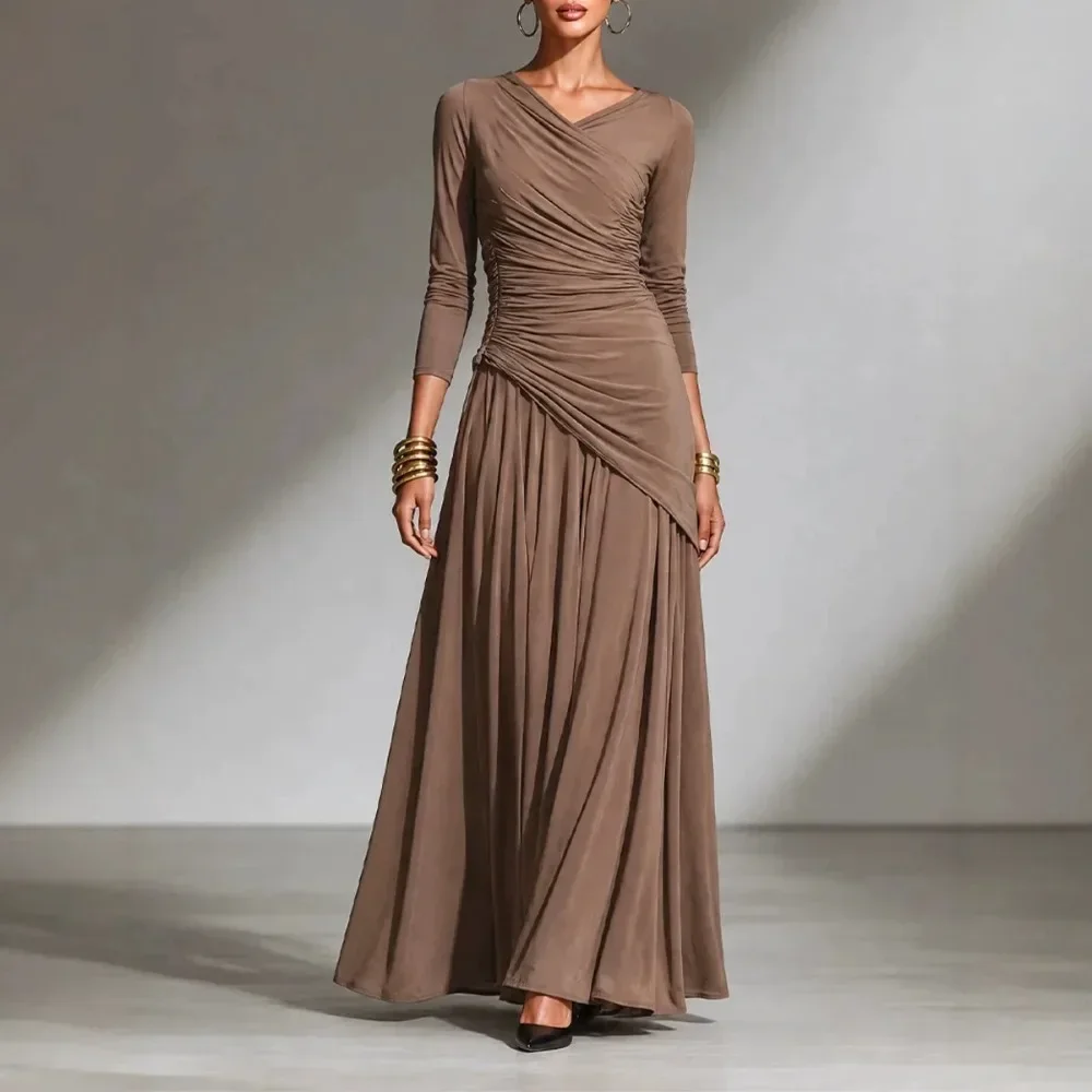 Women Elegant Solid Maxi Dress V‑Neck Long Sleeve Ruched Wrap Waist Asymmetrical Draped Slim Fit Evening Party Ladies Dresses