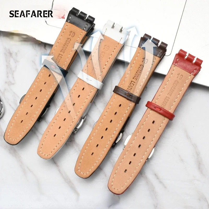 Concave-Convex Leather Watch Strap for Swatch Swatch Yrs Ycs 17mm 19mm Men and Women Couple Butterfly Clasp