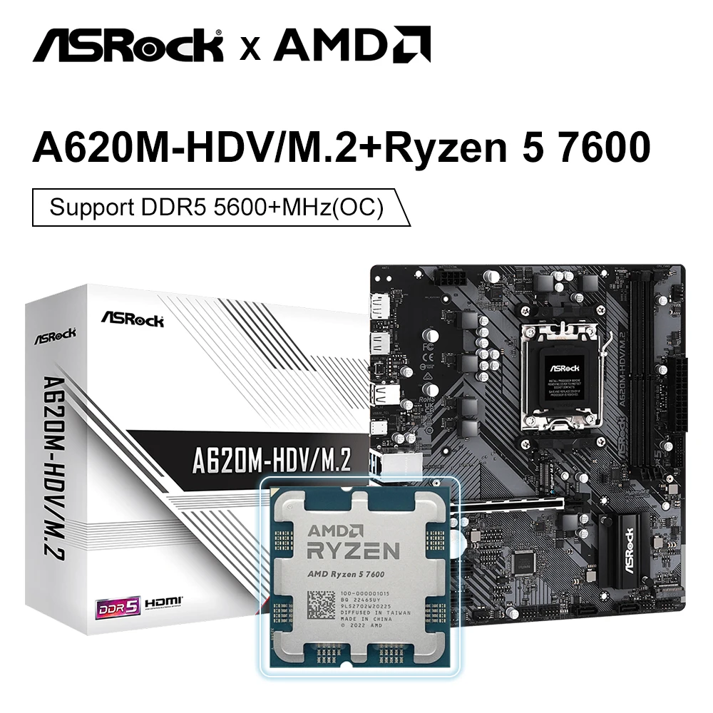 Новый комплект AMD Ryzen 5 7600 процессор CPU + ASRock A620M-HDV/M.2 новая материнская плата Micro-ATX A620 DDR5 AM5 комплект материнских плат