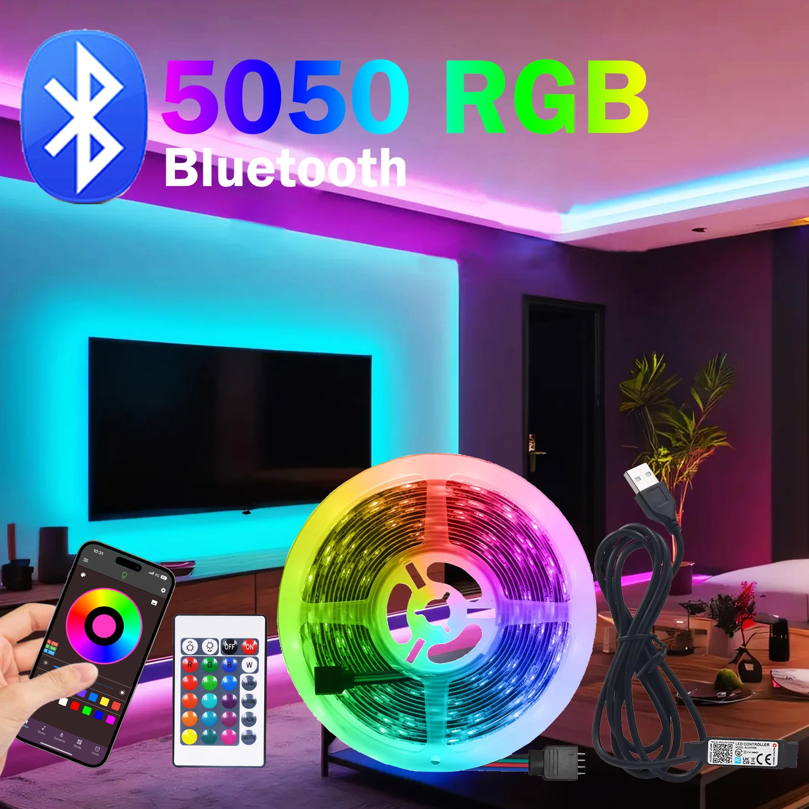 

Bluetooth RGB LED Strip Lights 5050 Flexible Tape 5V USB LED Light for TV Backlight Room Decor Party Wedding Atmosphere Lighting