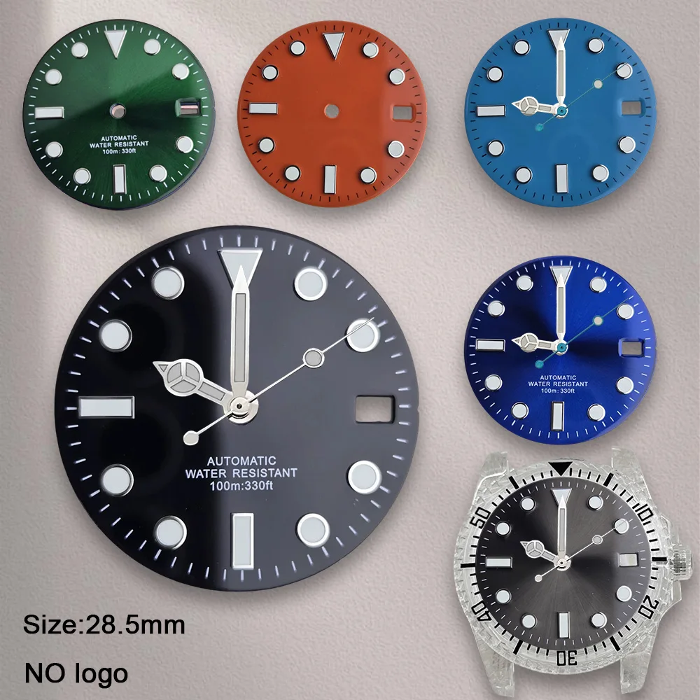 No Logo 28.5mm Blank Dial For NH35 Movement Ice Blue Luminous Custom Logo Watch Dials Hands Watch Modification Accessories