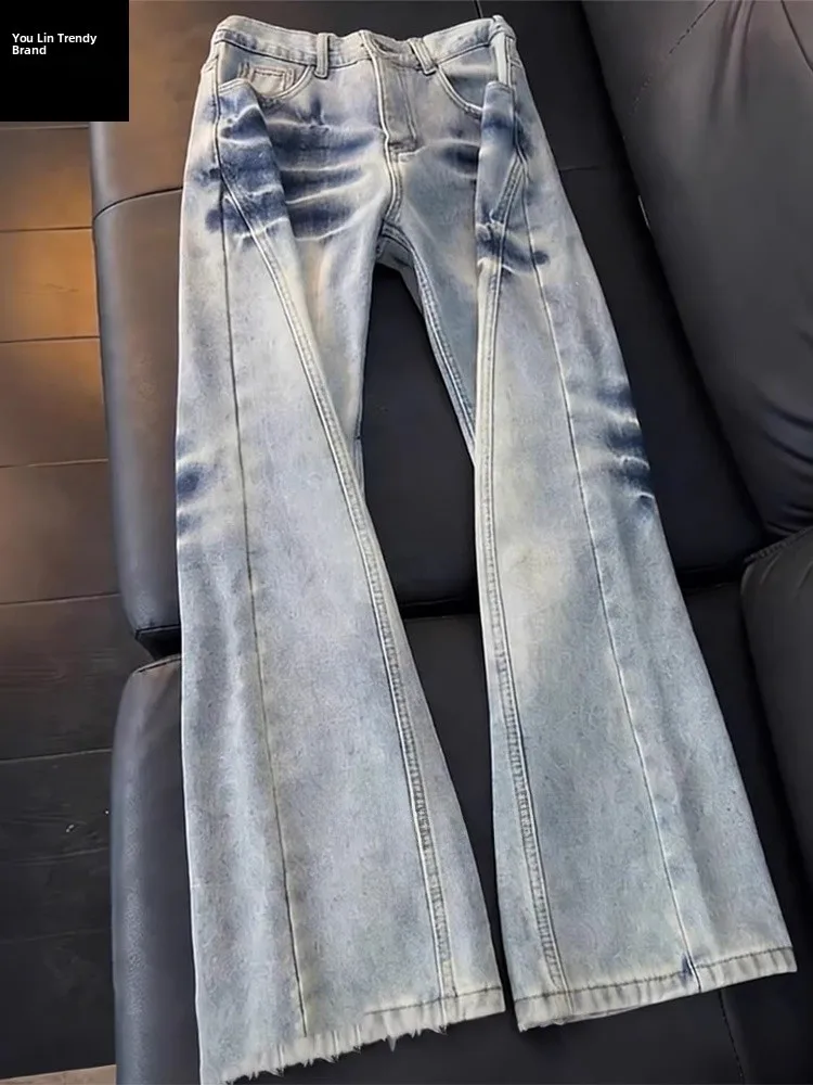 

Светло-голубые джинсы с диагональным узором в виде молний, мужские брюки CleanFit, американские уличные брюки прямого кроя с легким клешем