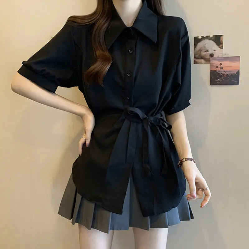 

Summer French medium and long waist chiffon short-sleeved shirt fat mm thin belly cover Tibetan meat top half sleeve