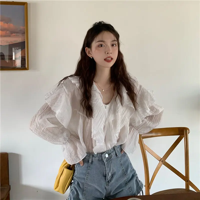 Solid Blouse Women All-match Ruffles V-neck Loose Preppy Style Long Sleeve Simple Fashion Thin Breathable Streeetwear Ins Slim