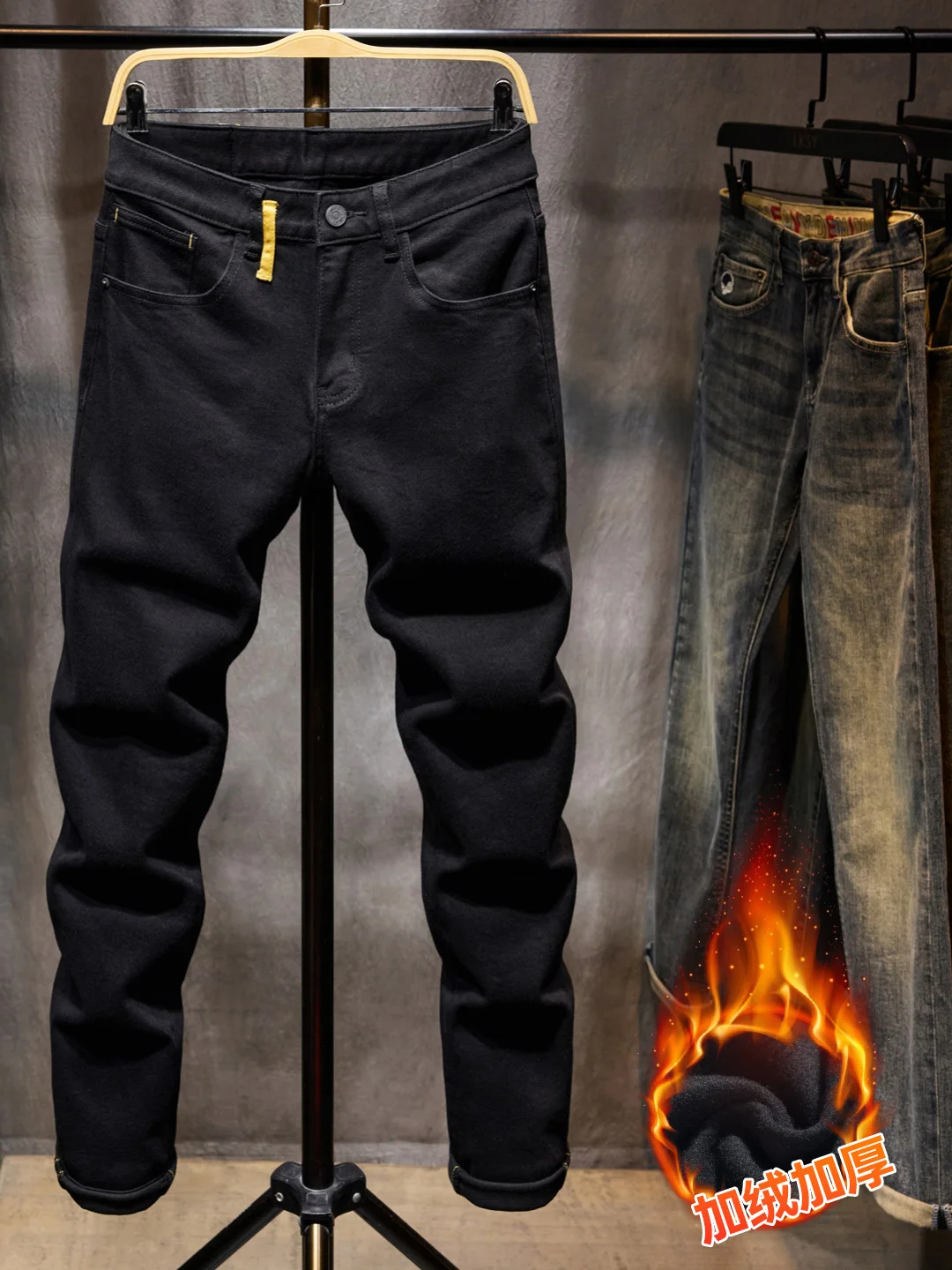 

Black Fleece Lined Thickened Denim Jeans Men's Slim Fit Korean Style Trendy Elastic Long Pants Casual Winter Warm Casual