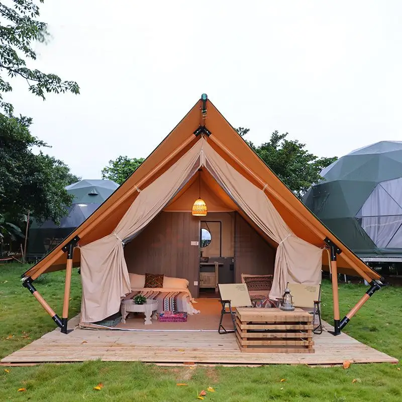 Hunted Tent Safe Sturdy 900D Oxford Cloth Wood Safari Hotel Tent Glamping Four Seasons Cabin Tiny Safari Tents Chinese Suppliers