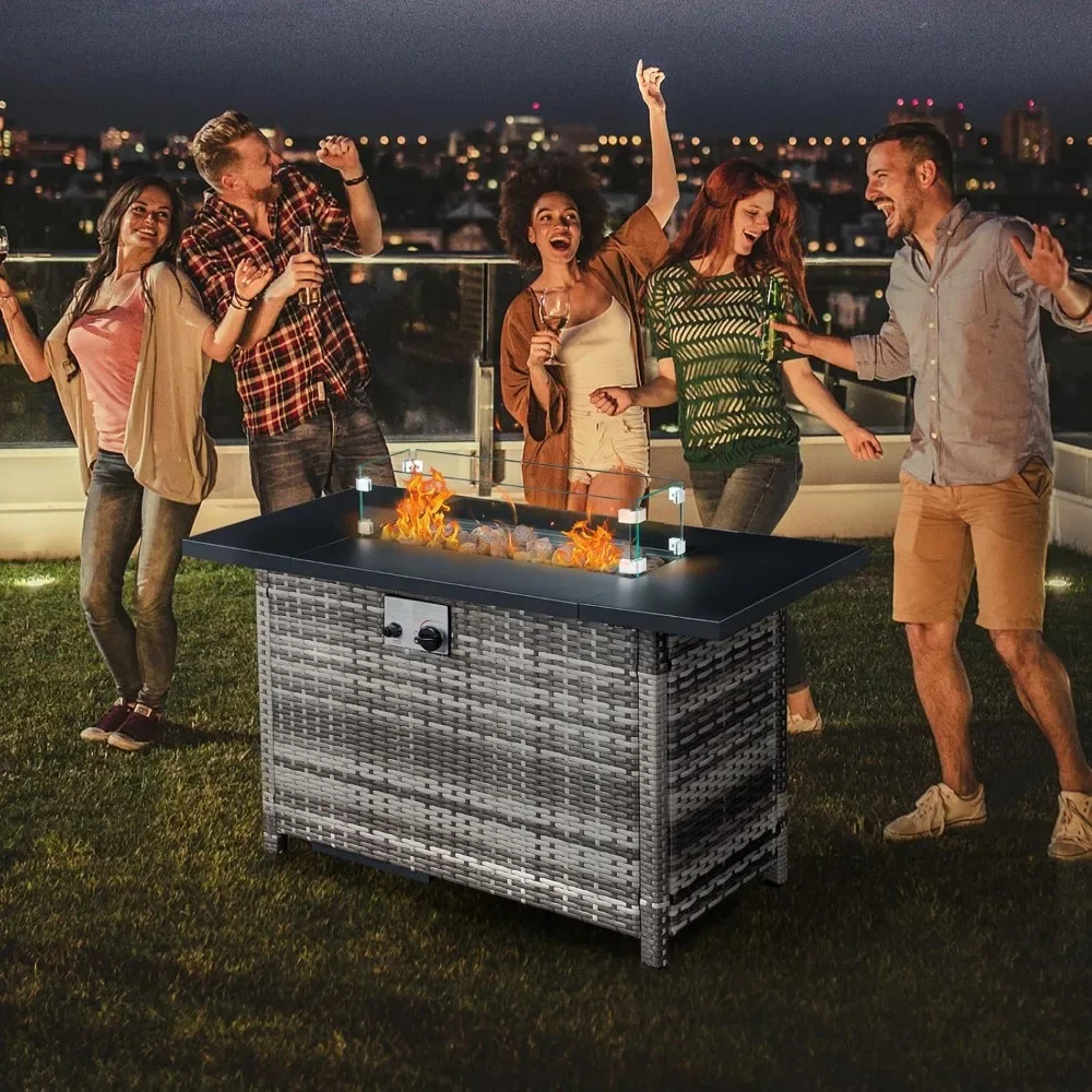 

43 Inch Propane Fire Pit Table，50,000 BTU with Steel Lid, Lava Rock, Glass Wind Guard, Waterproof Cover, Gas Firepit Table