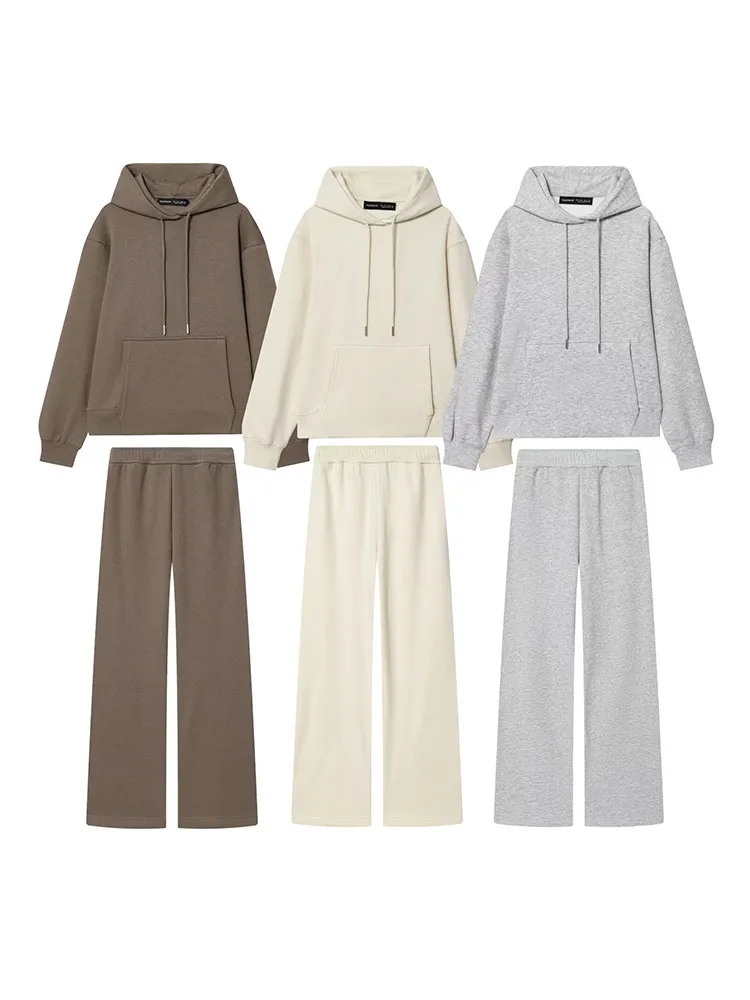 

2025 женские осенние комплекты из 2 предметов, модные милые однотонные свободные толстовки и брюки, женские элегантные уличные костюмы из двух предметов, одежда