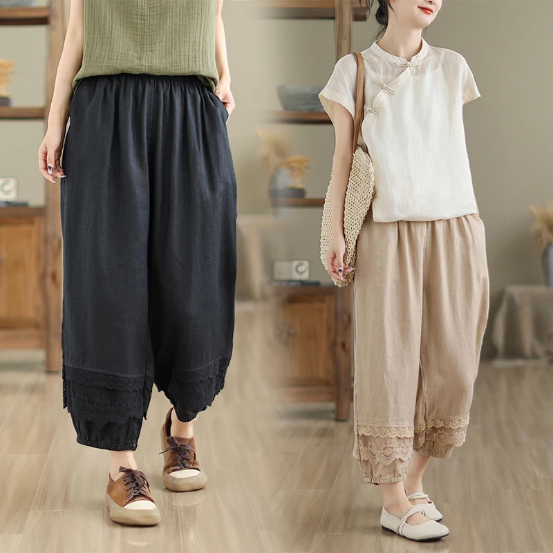 New Arrival Summer Arts Style Women Lace Patchwork Cotton Linen Ankle-length Pants Casual Loose Elastic Waist Harem Pants S149